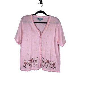 Vintage Floral Beaded Embroidery Sweater 16 Pink Feminine Retro Chic Boho 80s